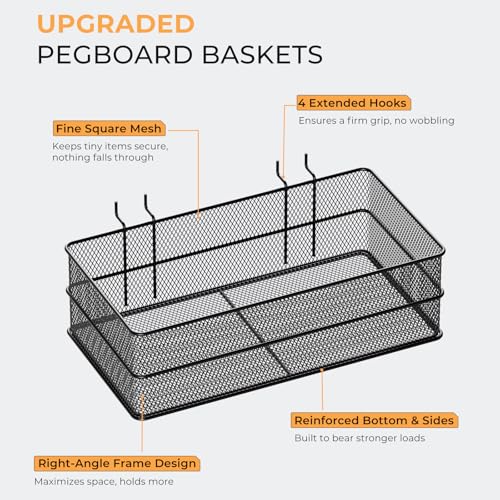 INCLY 4 Pack Upgrade Pegboard Baskets, 4 Sizes Square Style Metal Mesh Pegboard Baskets and Bins, Peg Board Organizer Accessories for Garage Craft Room Office Kitchen