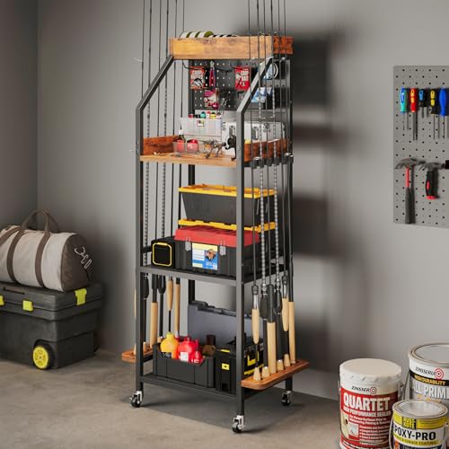 KITIVIALA Fishing Rod Holder for Garage with Hooks & Pegboard, 3-Tier Fishing Pole Rack Holds 12 Rods, Rolling Fishing Rod Storage Organizer with Wooden Tool Box, Fishing Tackle Shelf for Anglers