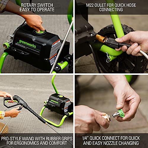 Greenworks 2000 PSI (1.1 GPM Max) Electric Power Washer (25°, 40°, Soap Nozzle) For Use On Decks, Fences, Concrete Patios, Sidewalks & More. Medium-Duty