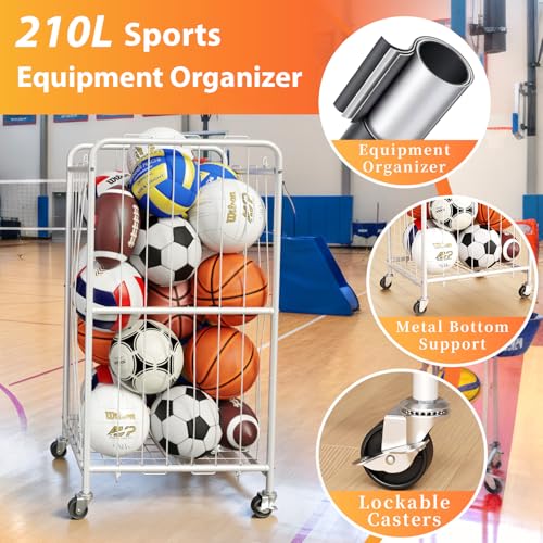 Olldide 210L 43-Inch Large Ball Storage Basket with Wheels, Rolling Cart Sports Equipment Garage Organizer with Elastic Rope for Easy Access, Holder for Basketball, Soccer, Volleyball, Football
