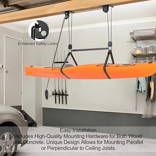 TRUSOON Kayak Hoist Pulley System for Garage, Durable Nylon Rope Ceiling Lift for 10-18 FT, Overhead Storage Rack for Canoe, Holds 150 LBS, Black