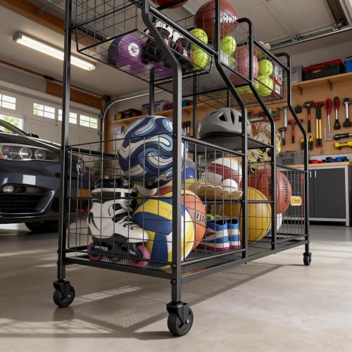 LUMAMU Garage Sports Equipment Organizer, Ball Storage Rack, Garage Organizer System, Indoor/Outdoor Sports Rack, Sports Gear Storage Rack for Basketballs Footballs Volleyball, Black
