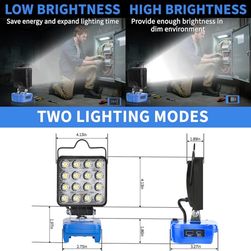Fiihio Portable LED Work Light Compatible with Kobalt 24V Battery, 48W 4200LM Cordless Flood Lights with USB & Type-C, Low Voltage Protection, for Job Site Lighting, Camping Outdoor (No Battery)