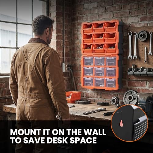 Tactix Modular Storage Tower Cabinet, Black & Orange, Polypropylene, 9 Removable Bins, Wall Mount, 12.5x6.6x14.9 Inches, Garage Workshop