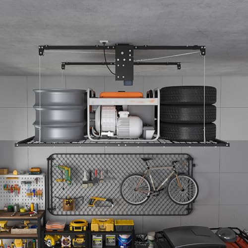 Star20XX Motorized Overhead Garage Storage Rack, Garage Ceiling Storage Rack, 4x8 Ft, 450 Lb Capacity, Remote Control, All Steel Ceiling Shelf for 10 to 12 Ft High Ceilings