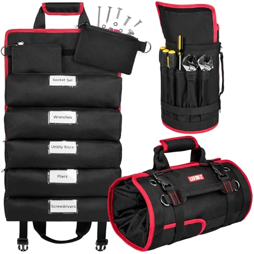 Tool Bag,Large Roll Up Tool Bag Organizer,13 Pockets Tool Roll Storage Pouch,Heavy Duty Portable Tool Storage Carrier Bag for Men,Mechanic,Electrician,Valentines Day Gifts for Men,Black/Red