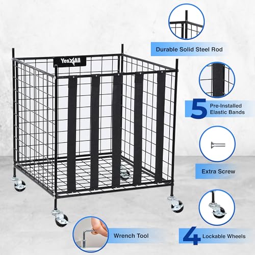 YES4ALL Metal Rolling Sports Ball Storage Cart with Lockable Wheels – Heavy-Duty Basketball, Football & Volleyball Holder for Garage, Gym or School – Large Equipment Organizer with Easy-Access Elastic Bands
