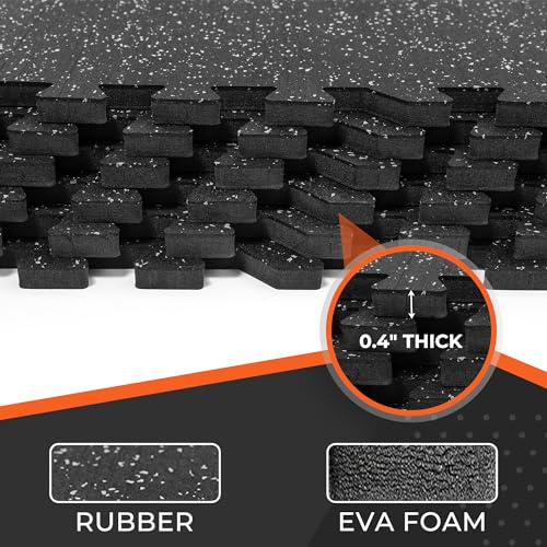 SUPERJARE 0.4'' Thick 24 Pcs 96 Sq Ft Rubber Top Exercise Equipment Mats, High Density EVA Foam Mats with Rubber Top, Interlocking Gym Flooring for Home Gym, Protective Workout Mat, Black/Grey
