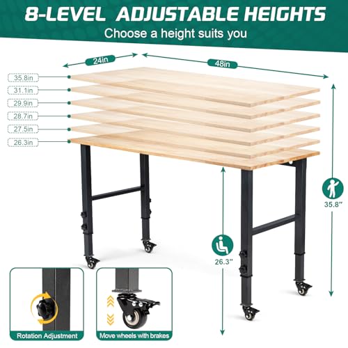 OLBRUS 48 "Adjustable Wheels Workbench, Heavy Duty 2000 LBS Load Capacity Hardwood Workbench Suitable for Workshop, Office, Garage, Home (Metal Wheels丨No Power Outlets 48"x24")