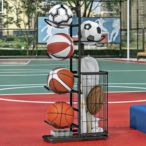 INGIORDAR Basketball Ball Storage Rack Freestanding Organizer Sport Equipment Garage Stand 6 Tier for Football Volleyball Soccer Indoor Outdoor, Black