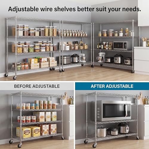 Mapleyard Chrome Storage Shelves with Wheels 55.5" W Garage Shelving Heavy Duty 4 Tier Adjustable Wire Shelving Unit Metal Shelving for Garage Pantry Commercial Basement,55.5" Wx24 Dx76 H