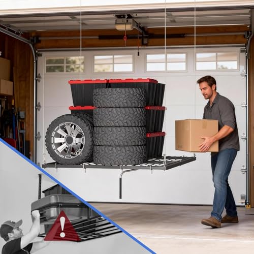 Overhead Ceiling Storage Rack 4x4 ft,Heavy-Duty Carbon Steel Garage Lifting Rack with Manual Hand Crank, Adjustable Height, 350 Lbs Capacity, Maximizes Overhead Space for Garages, Basements