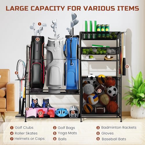 BOEASTER Garage Sports Equipment Organizer,3 Golf Bags Storage Stand,Heavy-Duty Ball Storage Rack with Basket and Hooks,Space-Saving Design for Toy Sports Gear Storage Indoor/Outdoor Use