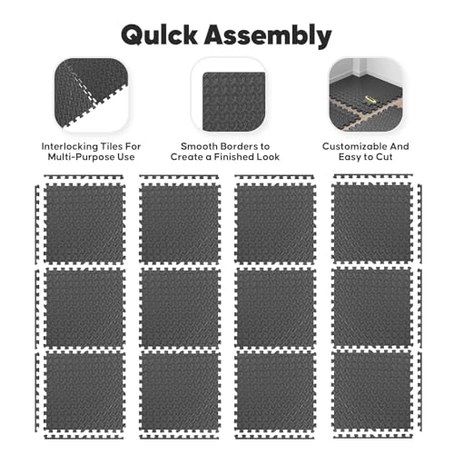 32 Pack Home Gym Mat, Puzzle Exercise Mat, EVA Interlocking Foam Floor Tiles for Home Workout Equipment and Kids' Play Areas - Black, 24 in x 24 in x ½ in - 32 Tiles (Black, 32 Pack, 128 SQ FT)