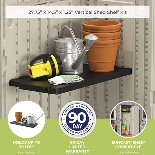 Suncast 3 Pack Vertical Shed Shelf Kit, Space Saving Shelving for Wall Mount Outdoor Storage Structures, 27.75" W x 14.5" D x 1.25" H, Black