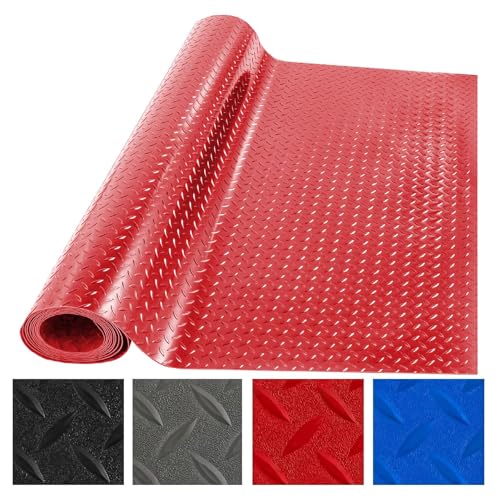 THABATAD 4 x 6 FT Heavy Duty Garage Floor Mat, 2.5 mm Thickness Garage Car Mat for Garage Floor, Golf Cart Parking, Water/Stain Resistant Floor Runner (Embossed Diamond Plate), Red