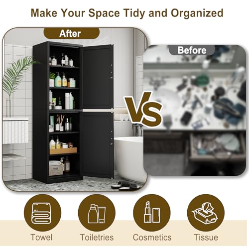 pozdeg 67" Metal Storage Cabinet with Lock, Tall Narrow Office File Cabinets with 2 Doors & 4 Adjustable Shelves, Metal Steel Locker for Home, School, Office, Garage or Gym (Black)