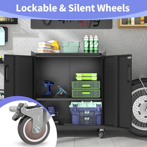 EKJ Metal Garage Storage Cabinet on Wheels, Lockable Rolling Tool Cabinet with Doors and Shelves, Heavy Duty Mobile Steel Cabinet for Garage Warehouse Workshop