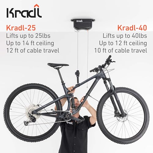 Kradl 2-Pack (40 Pound / 40 Pound). Ceiling Mount Bike Lift and Rack. Bicycle Storage Hoist Without Electricity, Clumsy Ropes or Pulleys.
