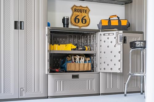 Suncast Base Storage Cabinet with Drawer for Garage Organization - Lockable Single-Drawer Organizer with Shelf for Garden Supplies, Paint Cans & Outdoor Tools, Multi-Wall Resin Construction, Platinum