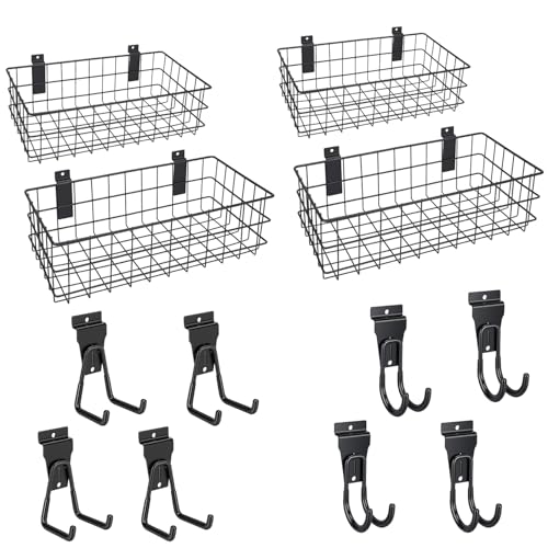 LYYUWE 12 Pack Slatwall Organizer Kit with 4 PCs Slatwall Baskets (10.5 to 13.5 Inches) and 8 PCs Slat Wall Hooks Heavy Duty, Black Steel Slatwall Accessory for Garage, Retail Display and Home Storage
