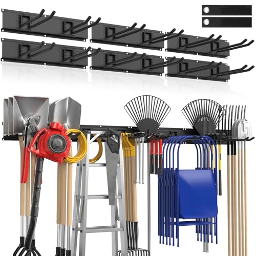 Housolution Heavy Duty Garage Wall Organizer 96 Inch - 20Pack Carries 720 lbs, Garage Tool Storage System, 6 Rails with 12 Adjustable Metal Hooks, Garden Yard Shed Rack for Rake Broom Mop Snowboard