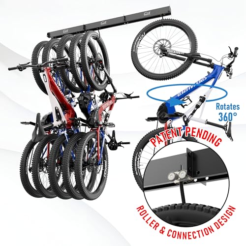 USA Based Ceiling Bike Rack Garage Storage Mount, Bicycle Hanger For Up To 6 Bikes, Sliding 51" Heavy Duty Hook Racks With Padded Hanging Mounts, Hooks Hangers (Black, 3 Rails - 6 Hooks)