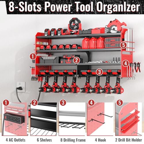 VeyFolzin.st Large Power Tool Organizer Wall Mount with Charging Station, 4 Layer Heavy Duty Metal Cordless Tool Organizer, Tool Storage Rack with 8 Cordless Drill Holder Screwdriver Hammer(Red)