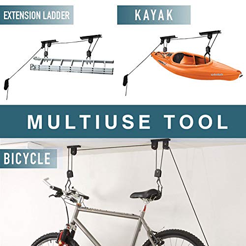 Ihomepark Bike Hoist for Garage Ceiling Storage, Heavy Duty Bicycle Lift Mountain Bicycle Hanging Rack with 3 Pulley and 45 ft Adjustable Rope | 100 lb Capacity