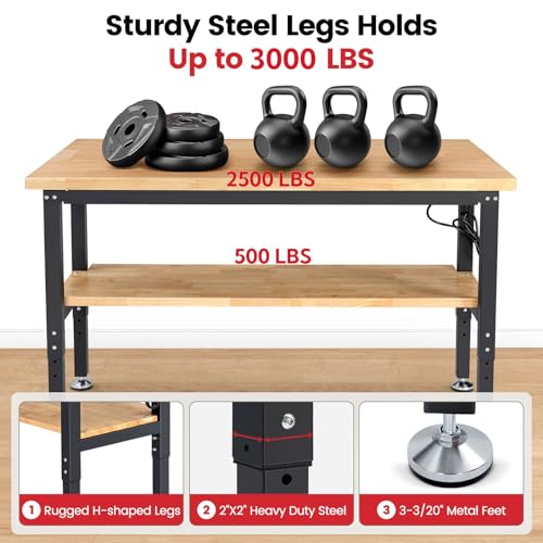 ENJOYWOOD 60" x 22" Adjustable Height Workbench with Under Table Shelf Heavy Duty Rubberwood Top Work Table for Garage, Workshop, Office & Home