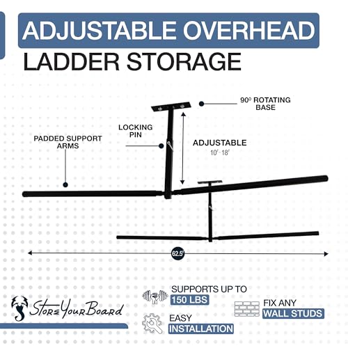 StoreYourBoard Adjustable Overhead Ladder Rack – Garage Organizer Ladder Shelf for Step & Extension Ladders - Storage Racks and Shelving for Garage Organization - Ceiling Mounted - Holds 150 lbs