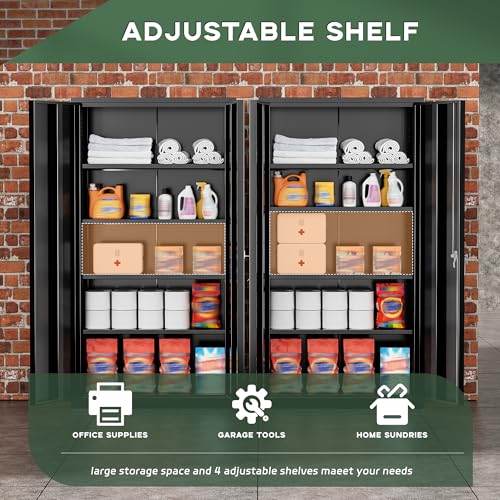 Greenvelly 72" H Metal Storage Cabinet, 36" W x 18" D Black Locking Metal Garage Storage Cabinet with Doors and 4 Adjustable Shelves, Lockable Steel Cabinets for Home Office, Garage, Shop, School