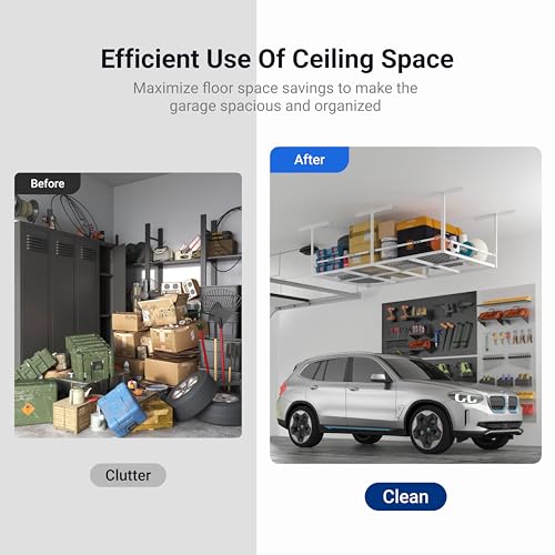 FLEXIMOUNTS 4x8ft Overhead Garage Storage Rack with Safety Rails, White