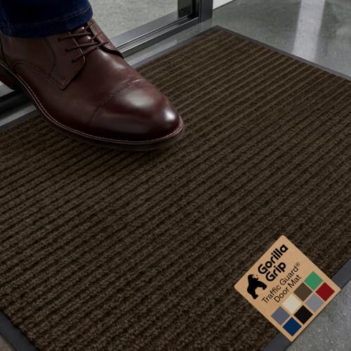 GORILLA GRIP Waterproof Traffic Guard Door Mat, Heavy Duty Entryway Mats, Strong Backing Commercial Utility Rugs for Office Hallway, Garage Floor and Home, Low Profile Carpet Runner, 29x17, Brown