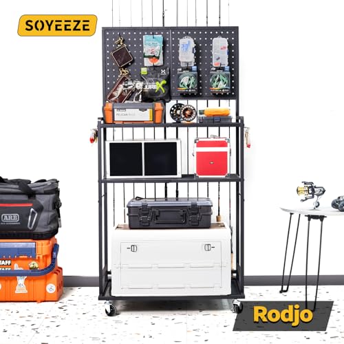 SOYEEZE Large Size Fishing Rod Holders for Garage, 3-Tier Fishing Pole Rack with Pegboard and Hooks, Fishing Gear Tackle Box Organizer Up to 12 Rods, Rolling Fishing Storage Cart with Lockable Wheels