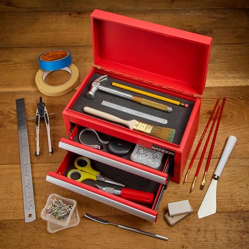 Mini Tool Box - Metal Tool Chest with 2 Drawers & PVC Drawer Liners for Workbench or Desk, Powder-Coated Steel Small Toolbox - Multi-Purpose Storage for Machinists Tools, DIY, 3D Printer Parts - Red