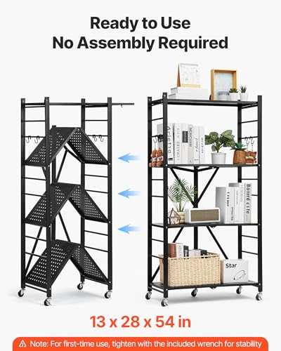 VEVOR 4-Tier Foldable Storage Shelf, 28W x 13D x 54H Inch Folding Metal Rack Shelving Unit, No Assembly Organizer Shelf with 5 Wheels & 4 Hooks for Pantry, Kitchen, Garage, Basement, Black