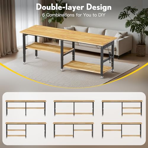 96” Adjustable Work Bench, 2-Layer Heavy Duty Workbench, 6000 LBS Capacity Workbench with Pegboard & Power Outlet, Rubber Wood Work Table for Garage, Office, Workshop, Home