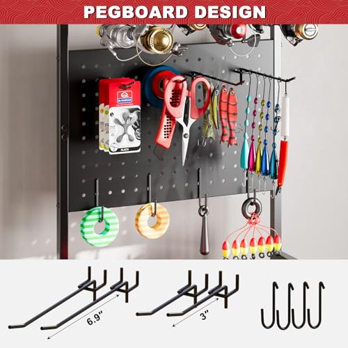 SEEAHEAD Fishing Rod Holders for Garage, Fishing Rod Storage Rack with Hooks & Wheels, Fishing Pole Holder Organizer, Tackle Box & Reel Storage Black