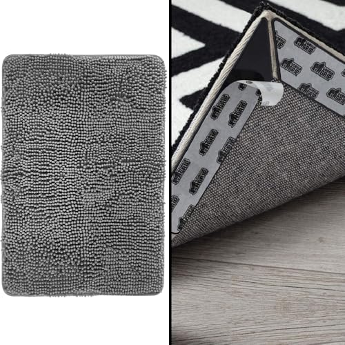GORILLA GRIP SoakSTOPPER Door Mat, 24x17, Gray and Rug Corner Grippers, OneSize, Black Bundle