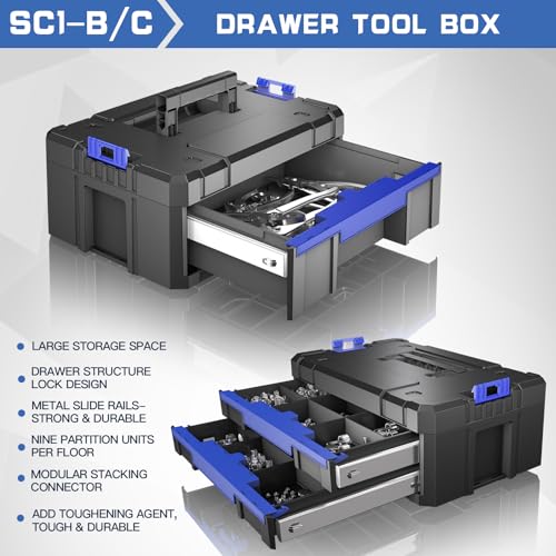 4 Tier Stackable Rolling Tool Box with Wheels | Modular Tool Organizer Box Storage System | Portable Tool Box with Drawers | Tough and Durable | for Garage Storage | Home Repairs | Professional Work