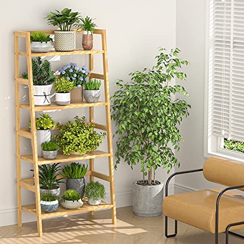 Homykic Ladder Shelf, 4-Tier Bamboo Ladder Bookshelf Small Bookcase, 49” Tall Open Display Shelves Wood Plant Stand Storage Rack for Living Room, Bathroom, Bedroom, Home Office