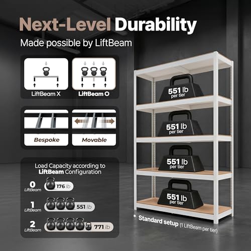 HOMEDANT House 48.1" W 5 Tier Heavy Duty Garage Shelving Adjustable Metal Rack Storage Shelves Standing Shelf Unit Organizers Industrial Warehouse Basement White 1Pack