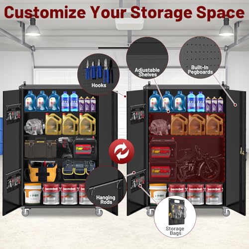 Reykilor Tall & Wide Metal Garage Storage Cabinet with 4 Adjustable Shelves, 43''W x 22''D x 72''H with Wheels & Pegboards, Heavy Duty Lockable Garage Cabinet for Warehouse, Basement, Office, Gym