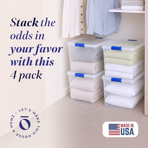 HOMZ 4-Pack 31 Quart Latching Lid, Clear Plastic Storage Organizer Bins, Blue – Stackable Containers for Home & Office Shelves, Kitchen, Garage, and Bathroom Organization