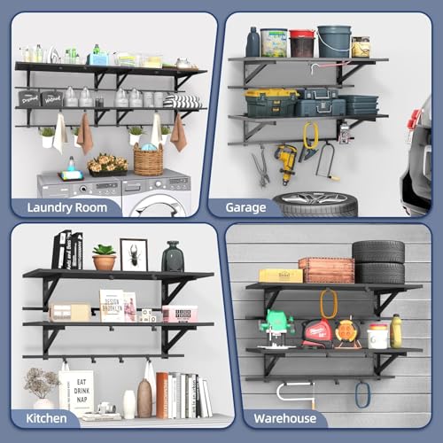 ZHNSYDN 2-Pack 2x4ft Garage Shelving Wall Mounted, Heavy Duty Garage Storage Shelves with 12 Hooks, 2' x 4' Wall Mount Shelves with 500LBS Capacaity