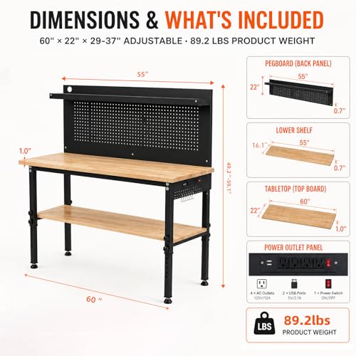 60'' Adjustable Workbench with Storage Shelf & Pegboard – Max Load 2000 LBS, Heavy Duty Rubber Wood Tabletop Tool Bench with AC/USB Outlet, Garage Organization, Work Benches for Workshop, Office