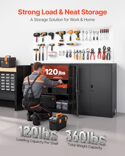 VEVOR Metal Storage Cabinet, 41.7 in Steel Garage Cabinet with 2 Adjustable Shelves, 2 Magnetic Doors & 2 Keys, 3 Tiers Lockable Tool Storage for Pantry, Warehouse, Basement, Office, Black
