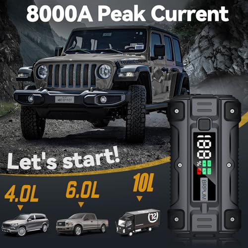 Car Jump Starter, 8000A Peak (Up to All Gas or 10.0L Diesel Engine, 50 Times) 12V Auto Booster Battery Charger Jump Box with Quick Charger Smart Jump Cables with LED Screen