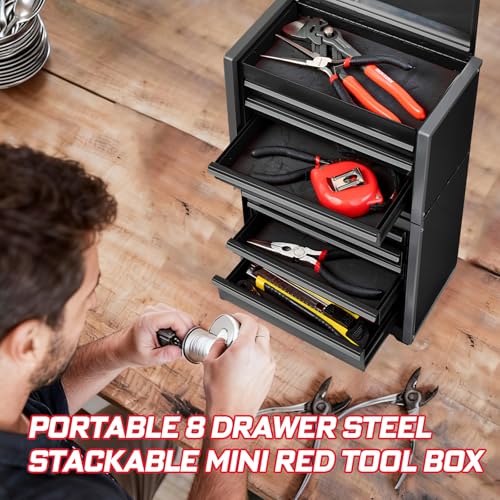 Geinxurn 8-Drawer Rolling Black Tool Box, Heavy Duty Micro Roll Cab Steel Stackable Tool Chest with Lockable Drawers, 2-in-1 Large & Compact Combo Set (3-Drawer + 5-Drawer) for Garage, Workshop